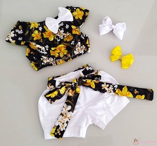 conjunto de trajes de bebé niñas sin mangas de verano floral camiseta +bow shorts conjuntos de ropa