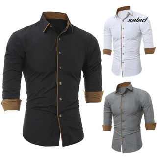 SD-Casual Hombres Color Sólido Manga Larga Botones Abajo Camisa Algodón Talla Grande Blusa (1)