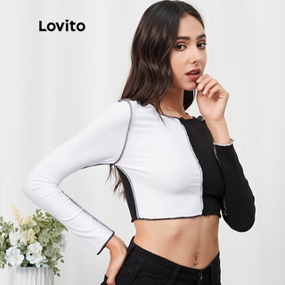 Lovito Casual Colorblock Cropped Top T-Shirt L07084 (Negro) (4)