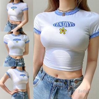 bef mujer manga corta o-cuello crop top contraste color encaje ribete t-shirt harajuku letras bordado bodycon streetwear