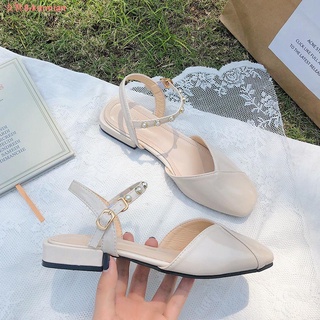 Baotou sandalias mujeres verano 2021 nueva versión de estilo de hadas salvaje fondo plano cabeza cuadrada palabra hebilla romana zapatos mujeres