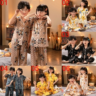 Moda niños bebé Baju Tidur pijama niños de dibujos animados impresión ropa de dormir pijamas conjunto de manga corta mancha de seda niños niñas pijamas traje