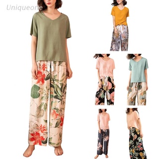 uni mujeres contraste color pijamas conjunto de manga corta suelta tops florales pantalones ropa de dormir