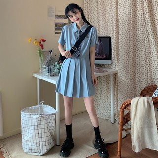 verano 2021 nuevo estilo coreano estilo universitario cuello polo falda pequeña manga corta plisado vestido francés de las mujeres