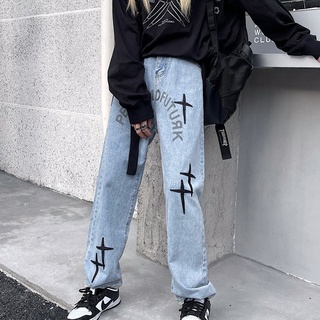 [Real spot shots] Coreano trend jeans Cuero Bordado Diseño Letra Impresión Industria Pesada casual Suelto Ancho Pierna Recta Pantalones De Los Hombres Y Las Mujeres (1)