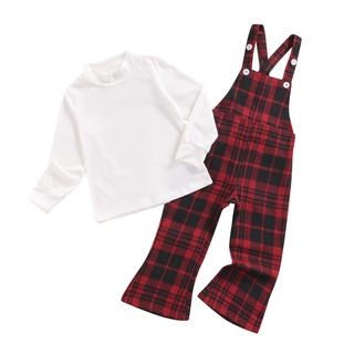 Zxt-2 piezas trajes de navidad para bebés, niñas acanaladas de manga larga cuello redondo camiseta + pantalones de tirantes a cuadros