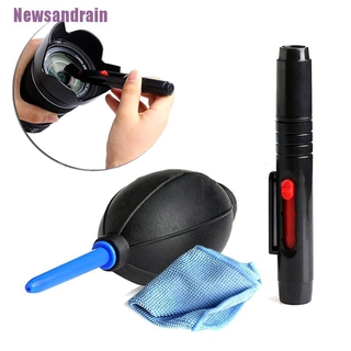 newsandrain 3 en 1 juego de limpiador de lentes dslr vcr cámara pluma cepillo soplador de polvo kit de tela de limpieza