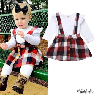 Hian-dz-baby conjunto de ropa de niñas Check impresión botón liguero falda+ cuello redondo manga larga Color sólido volantes Top