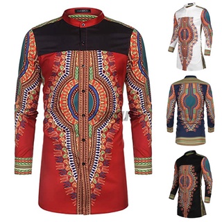 Camisas Estampadas casuales Étnica africanas de Manga larga de color xmanmen