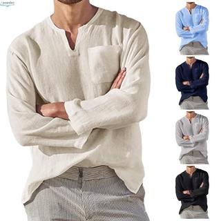 Camisa Tee Tops Cuello En V Lino Manga Larga Bolsillos Para Hombre Solo Pecho Color Sólido (8)