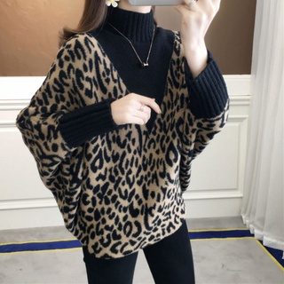 Estilo de las mujeres ropa suelta estilo occidental leopardo impresión jersey camisa de murciélago2021otoño e invierno nuevo cuello alto manga larga Casual lana Patchwork Top (2)