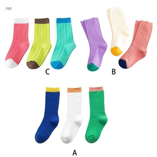 PER 3 Pairs Children Kids Winter Cotton Crew Socks Contrast Neon Candy Color Ribbed Knitted Student Sports Mid Tube Hosiery