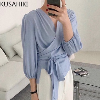 Kusahiki elegante vendaje delgado cintura mujeres blusa Puff manga V-cuello Blusas Femme 2021 nueva moda sólido camisas 6K638