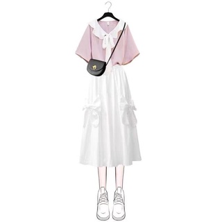 solo/traje falda mujer estudiante verano nueva versión coreana de suelta manga corta t + super hadas falda blanca de dos piezas