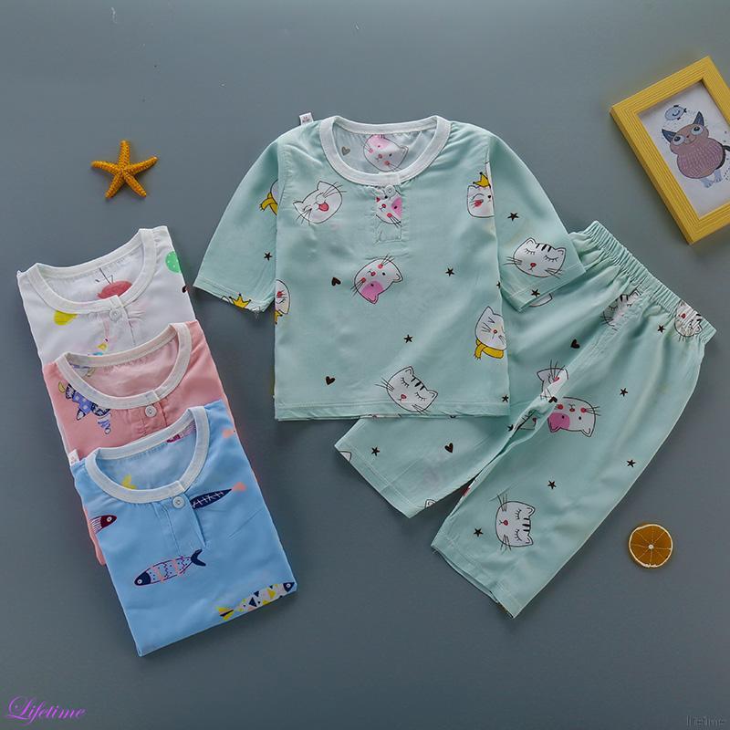 niños niñas de dibujos animados ropa de dormir pijamas conjunto nuevo blusa de manga corta+pantalones cortos bayi