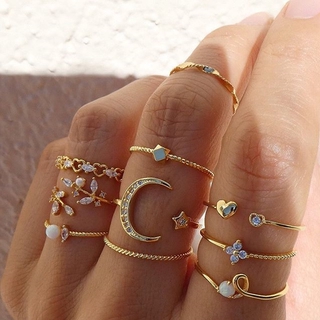 10 unids/Set dulce hoja de cristal flor luna estrella apertura corazón anillos para las mujeres moda geométrica oro imitación perla anillo joyería