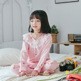 Children'S Pajamas Girls Casual Long Sleeve Sleeping Wear Print Ice Cream Printing O-Neck Nightwear Lightweight Girls Polyester Sleep Wear with Bow Design