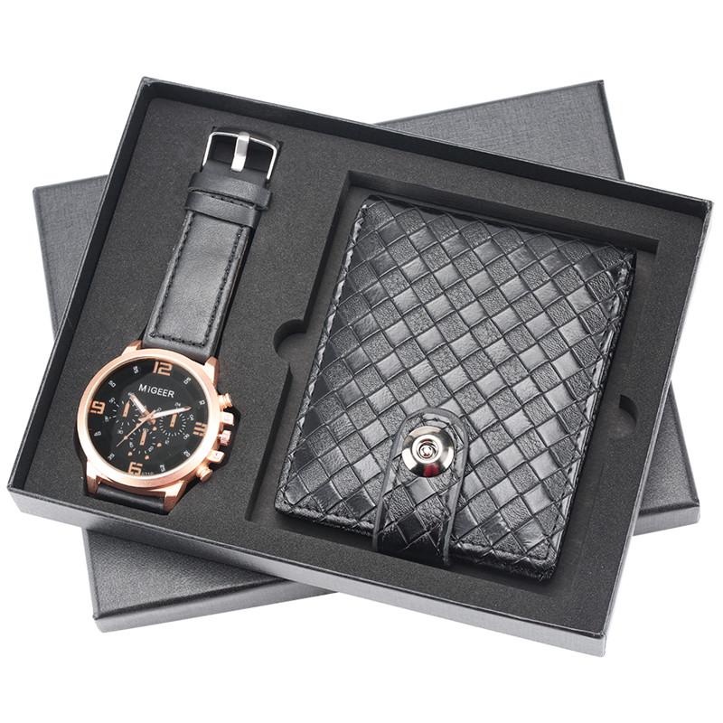 Estilo de negocios de los hombres de cuero negro cartera con relojes de pulsera de cuarzo conjunto de regalo para hombre de negocios