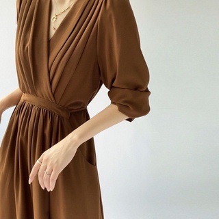 Temperamento V-cuello vestido de las mujeres otoño vestido 2021 nuevo de alto grado de luz madura estilo falda larga cintura cierre de manga larga falda (3)