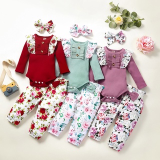 ✾BABYYA✨ Infant Baby Girls Long Sleeve Ruffles Romper Bodysuit+Floral Print Pants Outfits