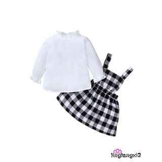 Sk -bebé manga larga + falda liguero, patrón a cuadros impresión volantes decoración cintura elástica ropa de primavera