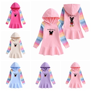 Aisamefe primavera invierno ropa de niños nuevo vestido de niñas moda de dibujos animados Mickey Mouse con capucha ropa de sudor arco iris manga larga dulce princesa vestido de algodón (1)