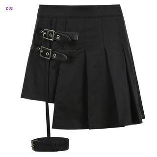 dus mujer gótico punk cintura alta plisado negro mini skater falda con liguero muslo anillo pantalones cortos harajuku hebilla cinturón asimétrico