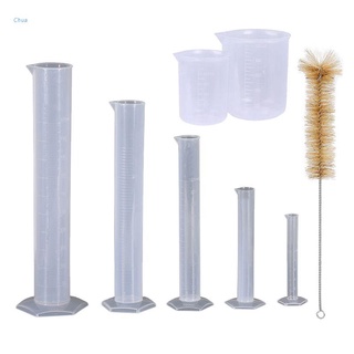 Chua 5 cilindros graduados de plástico transparente, 10, 25, 50, 100, 250 ml, con 2 vasos de plástico y 1 cepillo cilindro