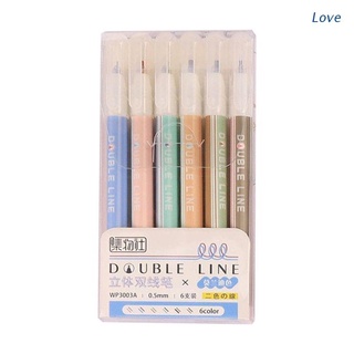 Love 6 unids/set Morandi Color doble línea fluorescente marcador contorno pluma resaltador escritura dibujo plumas