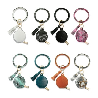 Asai Earbuds Keychain Bracelet Leather Wristlet Circle Key Ring Bangle Earphone Tassel Coin Purse with Makeup Mirror Women