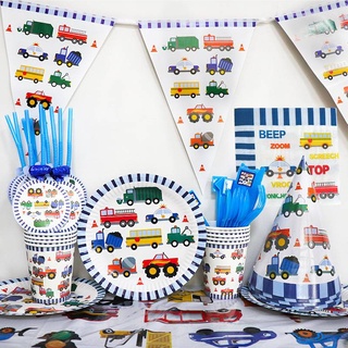 Construction Vehicle Disposable Tableware Cartoon Decor Set Banner Cake Topper Plate Straw Boy Birthday Party Supplies
