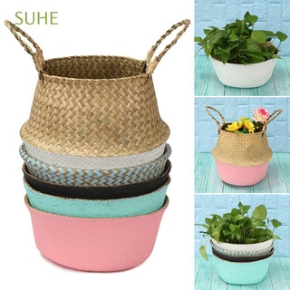 SUHE DIY Flower Basket Home Decor Plant Pot Bag Seagrass Woven Storage Holder Crafts Handmade Folding Belly Basket/Multicolor