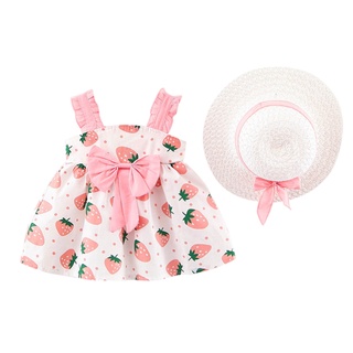 [STS] bebé recién nacido niñas tirantes de fresa impresión princesa vestido sombrero ropa traje (1)