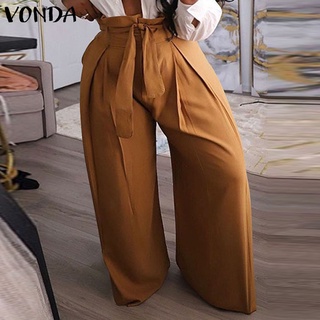 Vonda Women Casual Solid Color Loose High Waist Belted Wide Leg Long Trousers (6)