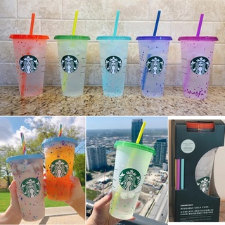 5PCS Reutilizable Starbucks Vaso Cambiante De Color Tazas Frías Taza De Plástico Con Paja 700ml 24 oz Verano Colección (1)