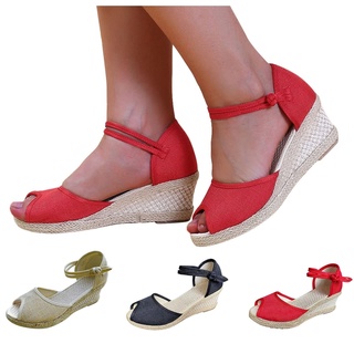 Winwinplus_mujeres Señoras Retro Lino Lona Cuña Dedo Del Pie Redondo Casual Sandalias Individuales Zapatos