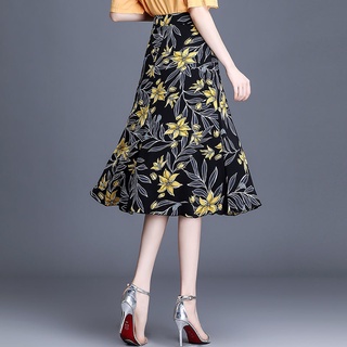 Falda floral floral Falda plisada de una línea de longitud media para mujer Falda larga de gasa de cintura alta de primavera y verano (5)