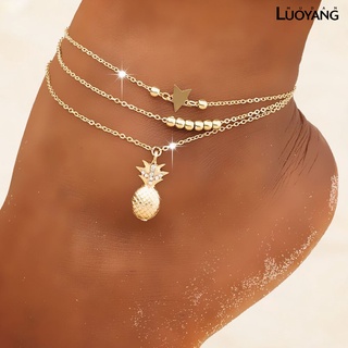 ^luoyangmudan^ 2 unids/set estrella piña colgante mujeres tobilleras de aleación perlas multicapa playa tobilleras accesorios de pie