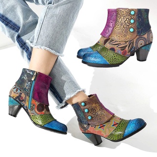 las mujeres botas de tobillo con tacón casual de cuero corto boho botas de moda impreso otoño invierno botas martin botas