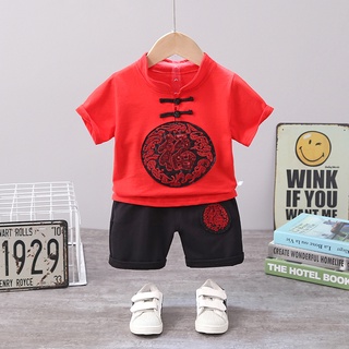 Niño bebé Retro rojo Tang traje chino año nuevo niños manga corta Tops +pantalones cortos conjunto de estilo chino