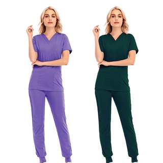 Color Sólido Cuello En V Bolsillo Exfoliante Hospital Uniforme Conjunto De Mujeres Quirúrgico Exfoliantes Corredores Top Pantalones Trajes