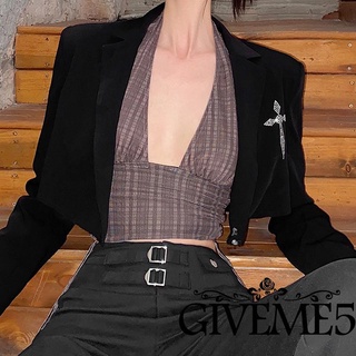 Giveme-mujer moda Casual muesca solapa manga larga negro recortado Blazer