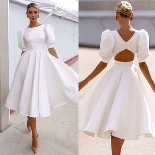 Banquete reina estilo blanco elegante Color sólido Midi vestido de noche fiesta sin respaldo vestido de las mujeres elegante vestido