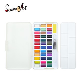 SeamiArt 12/24/36/48 colores sólido acuarela conjunto básico color metálico brillo color con pincel de agua pluma esponja paleta