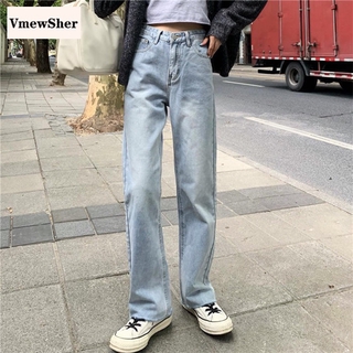 Vmewsher nuevo Vintage azul cintura alta suelta Jeans mujeres primavera otoño recto ancho pierna pantalones moda Casual pantalones largos