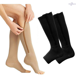 [Nhy] 2 pares de calcetines de compresión con cremallera de pierna de becerro mangas sin pies para correr senderismo escalada conducción de pie vuelo hinchazón dolor aliviar