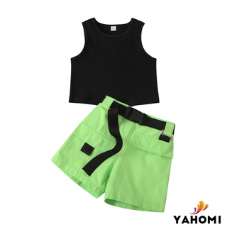 Yaho Infant trajes de Color sólido niñas cuello redondo Tank Tops + pantalones cortos + cinturón ajustable