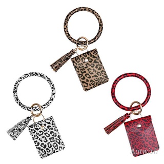 aut 3 colores leopardo impresión llavero pulsera de cuero pu muñequera monedero moda tarjeta titular kit con borla para las mujeres