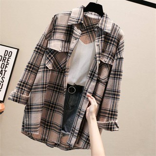 95% algodón camisa a cuadros grande versión coreana de manga larga para mujer de la chaqueta suelta estilo universitario chaqueta nueva de otoño 2019 (3)