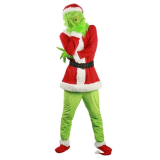 ✲Qo♠Creativo disfraz de Halloween conjunto de Santa Claus sombrero Top botas de pelo verde monstruo máscara guantes Cosplay disfraz